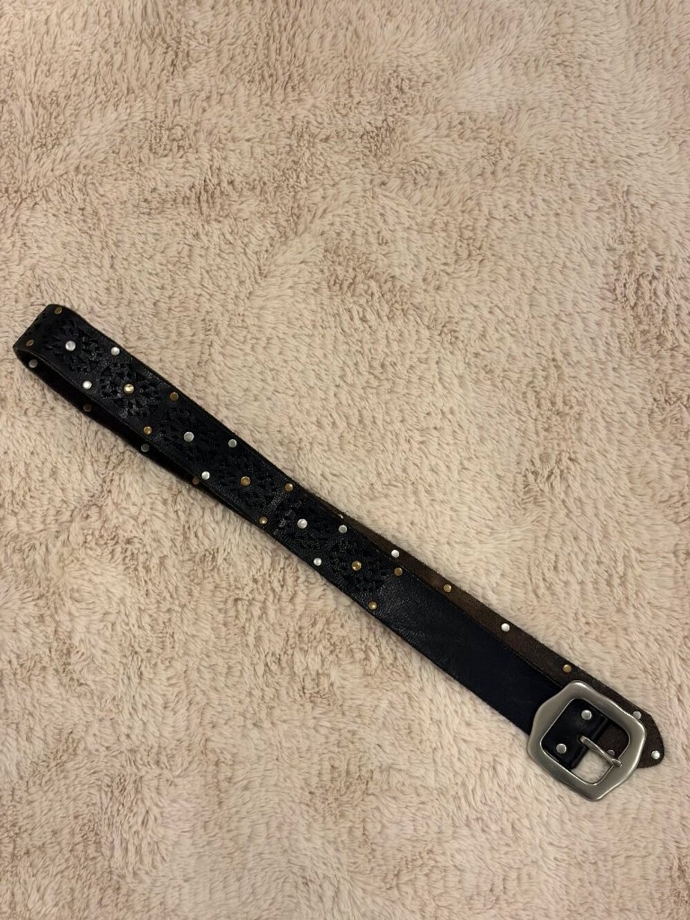 Y2K Western Studded Genuine Leather Belt Geometric Floral Cutout Silver Buckle